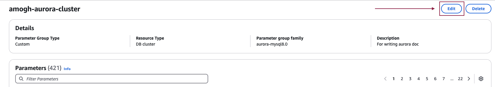Редактирование группы параметров